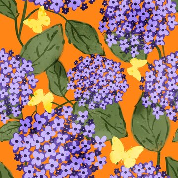 Abstract Digital Watercolor Hand Painting Lilac Hydrangea Flowers, Butterflies and Leaves Seamless Textile Pattern with Isolated Background