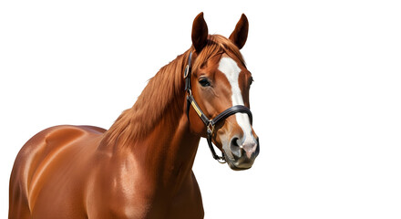 Fototapeta premium A brown horse with a white stripe on its face stands on a transparent background