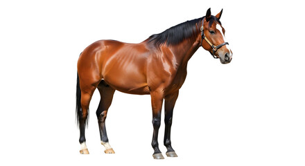 Obraz premium A brown horse with a black mane and white markings on its face standing on transparent background