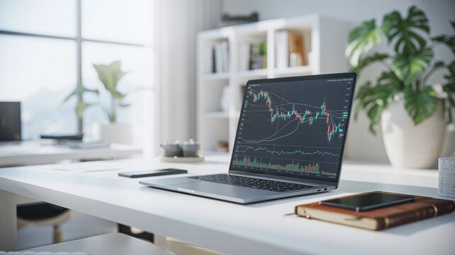 Modern Office Desk with Laptop Showing Financial Stock Market Trading Charts and Data Analytics for Business Growth and Investment Strategy