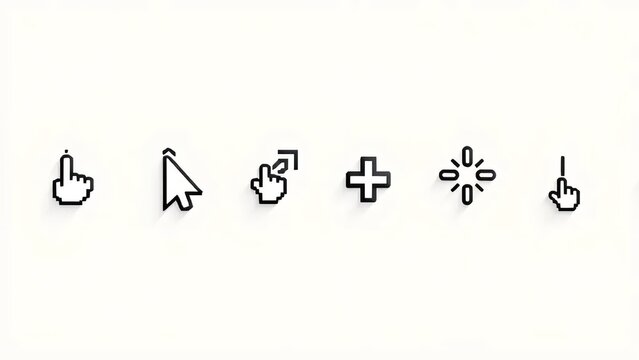 Computer mouse cursor icons for user interface design including hand pointer and button symbols on a white background for digital and web development