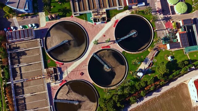 Four large circular tanks are part of a wastewater treatment facility. These tanks are surrounded by green grass and palm trees. The sun is shining brightly in a clear sky.