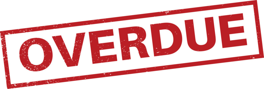Red distressed rubber stamp with the word OVERDUE in bold red letters on a white background
