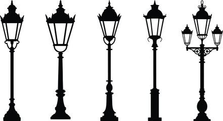 Obraz premium Vintage street lamp silhouettes set. Antique lamppost vector illustration for city design elements and urban lighting icons.