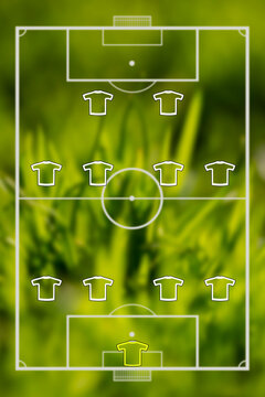 A 442 football formation against the backdrop of a green stadium grass. Team play and strategy.