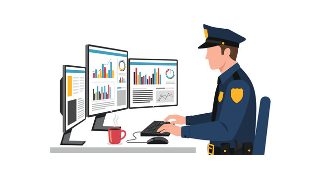 A police officer sits at a desk, typing on a keyboard with multiple monitors displaying data and charts.
