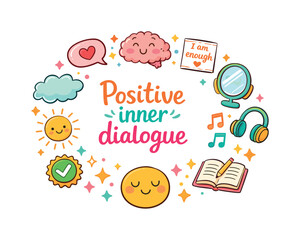 Fototapeta premium Positive inner dialogue. Hand drawn illustration of Positive inner dialogue. speech bubbles with hearts,