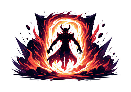 Portal of fire. Demonic figure backlit by blazing portal light, sharp shadows and heat waves distorting the