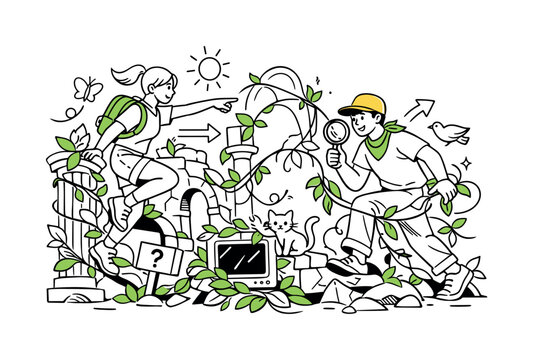 Nature reclaiming space. Wild greenery growing freely, vines and leaves weaving into abstract forms. Organic