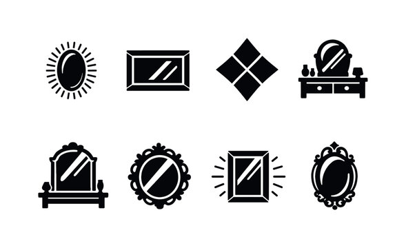 Decorating with mirrors. Filled icon set of Decorating with mirrors: wall mirror accent, framed mirror,