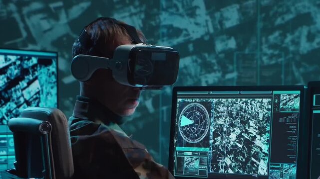 Soldier in a dimly lit military control room, intensely focused on multiple computer screens displaying crucial operational drone data.