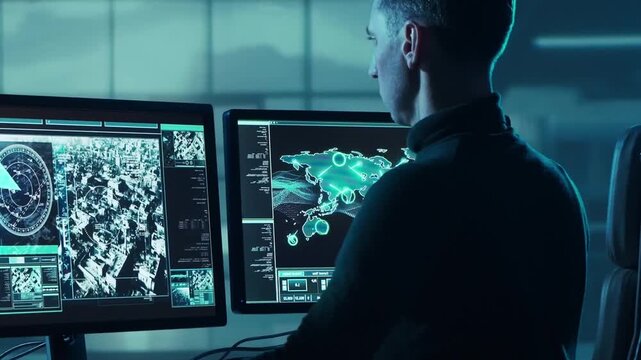 Soldier in a dimly lit military control room, intensely focused on multiple computer screens displaying crucial operational drone data.