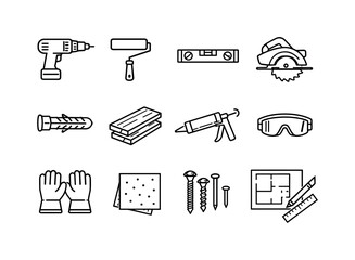 Fototapeta premium DIY home improvement. Line outline icon set of DIY home improvement: drill machine, paint roller, level tool,