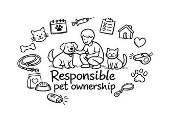 Fototapeta premium Responsible pet ownership. Hand-drawn doodle illustration of Responsible pet ownership. In the middle, one