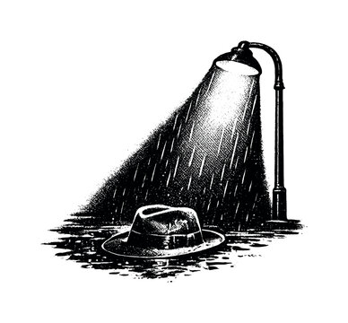 Solitary streetlamp casting light onto a rain-soaked fedora hat lying on the ground, symbolic noir crime theme