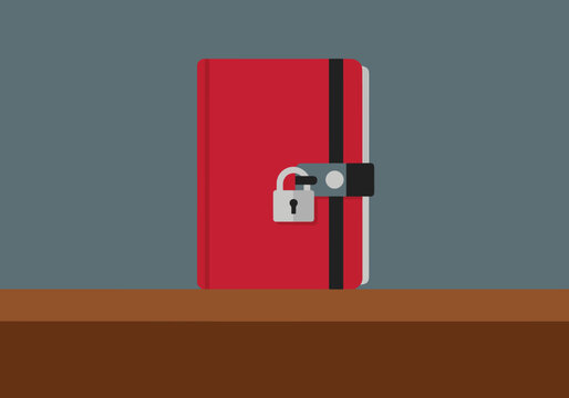 A crimson diary with a lock sits on a desk, symbolizing secrets and security. Flat design illustration, modern aesthetic.
