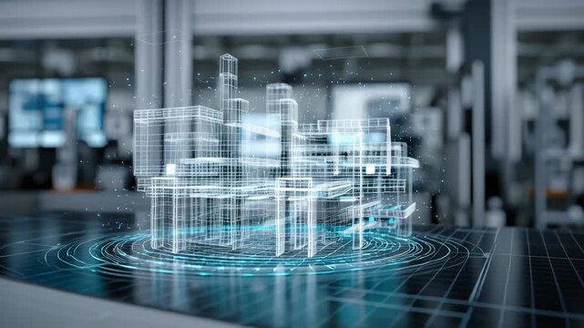 Digital industry technology showcasing futuristic hologram building model with innovation highlighting advanced digital literacy and architectural