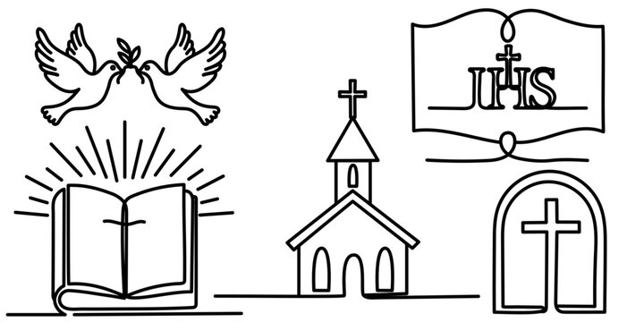 A minimalist collection of religious symbols: church, IHS, Bible, birds. Religious symbols drawn with single lines. Single-line vector illustration.