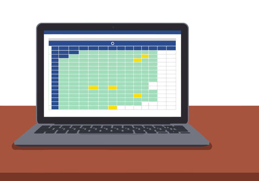 A laptop displays a vibrant spreadsheet on a wooden desk. Corporate finance data is clearly visible. Modern, professional, and ready for business use.