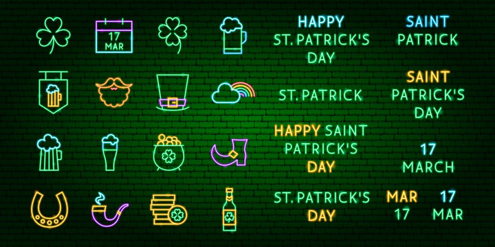 Saint Patricks Day Neon Set. Vector Illustration of Glowing Led Lamp Irish Icons. Big Symbols Set. Lucky 17 March Objects.