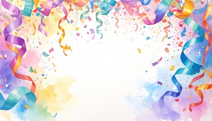 Fototapeta premium Watercolor Carnival Streamers and Confetti Frame | Colorful Party Background | Festive Design with Copy Space