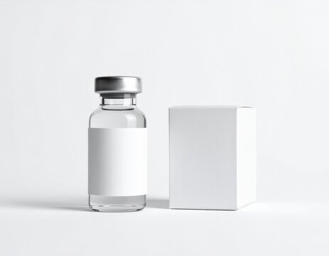 Clear glass vial with blank label beside a small white box on a plain background, representing medical treatment or research.