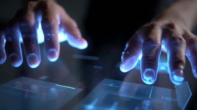 Digital technology literacy drives industry innovation through futuristic glowing touchscreen interface interaction showcasing advanced digital