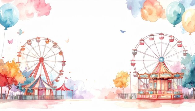 Pastel Carnival Background with Ferris Wheels and Carousel | Hot Air Balloons | Dreamy Amusement Park Banner