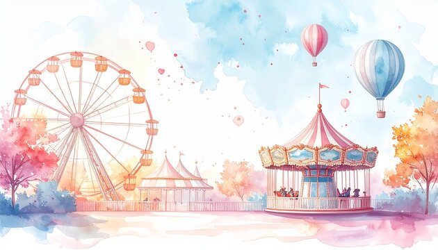 Watercolor Amusement Park with Ferris Wheel, Carousel and Hot Air Balloons, Summer Festival Background for Event Promotion