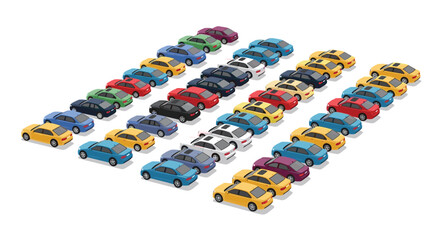 Fototapeta premium Numerous colorful cars are parked in organized diagonal rows within a large parking lot, viewed from an isometric perspective.