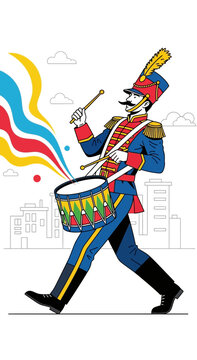 Marching Drummer In Military Uniform With Feathered Hat And Colorful Music Notes