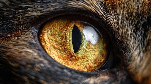 A close-up of a cat's eye with a vibrant yellow iris and brown fur