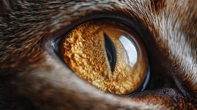 A close-up of a cat's eye with a golden iris and brown fur
