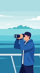 Man With Binoculars Searching Horizon Distant Landscape
