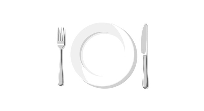 A minimalistic illustration showcasing an empty white dinner plate centered between a silver fork and a matching knife on a clean white background.