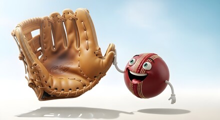 Cricket ball character playfully holding baseball glove