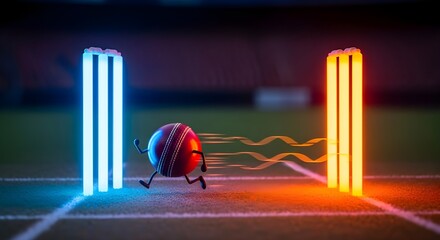 Cricket ball runs between glowing wickets on field