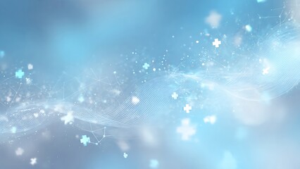 A serene landscape with sparkling stars and a soft blue atmosphere viewed from a distant perspective with shimmering lights