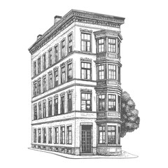 A detailed architectural illustration of a tall building with windows