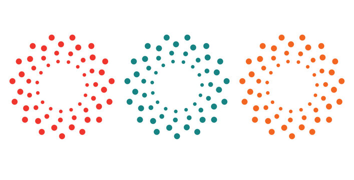 Collection of three abstract circular dot patterns in vibrant red teal and orange colors representing dynamic bursts or swirling energy flow designs