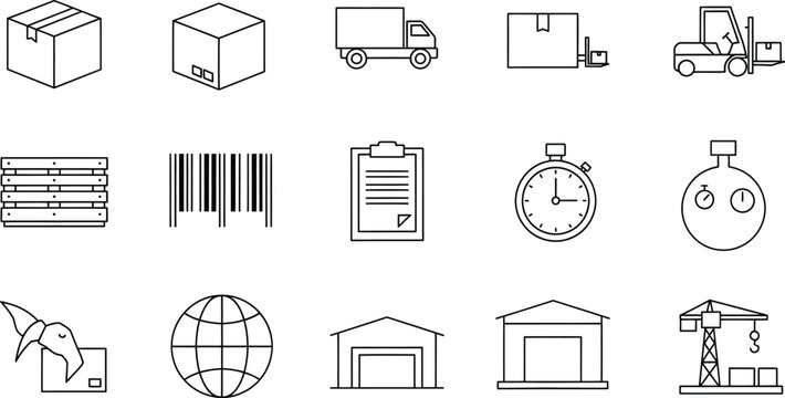 A collection of line art icons representing various aspects of shipping, logistics, and warehousing operations.