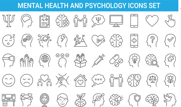 Mental health and psychology icons set illustrating therapy emotions wellbeing support mindfulness flat vector outline design collection modern