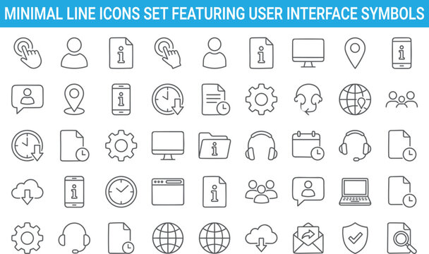 Minimal line icons set featuring user interface symbols, communication, documents, settings, cloud, global network, support, information technology concepts