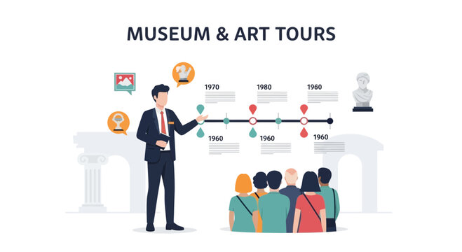 Museum And Art Tours Timeline With Guide And Visitors