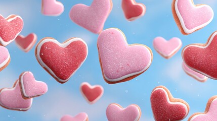 Obraz premium A collection of pink and red heart-shaped cookies floating in the air against a blue sky