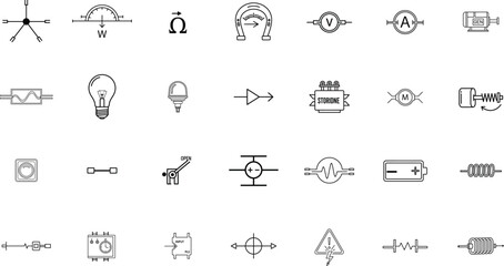 Fototapeta premium A collection of 25 small black and white icons or symbols on a white background possibly used for design or educational purposes