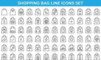 Shopping bag line icons set featuring retail, ecommerce, discounts, food, fashion, travel, lifestyle, app categories, minimal outline symbols