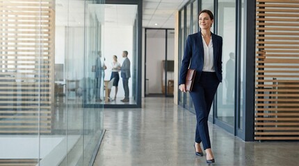 Successful businesswoman confidently walking in modern office hallway