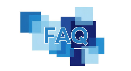 FAQ icon or sign, simple graphic. The word FAQ is in blue against a backdrop of blue squares, representing questions and answers