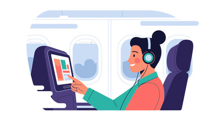 Fototapeta premium Passenger Enjoys Entertainment System And Music While Flying On Airplane